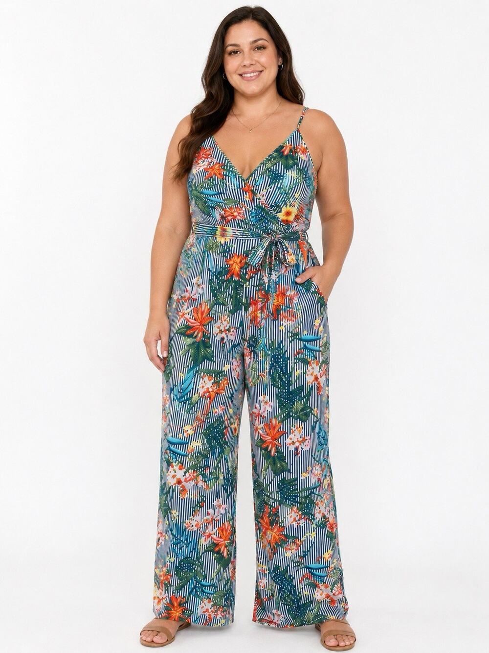 Derek Heart Floral Stripe Jumpsuit XL Tropical Wide Leg Resort Vacation